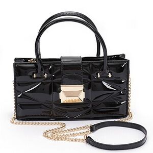 Black Faux Patent Leather Convertible Top Handle Swing Bag